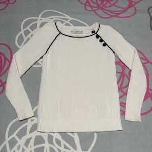 LOFT White Sweater With Black Trim and Button Details